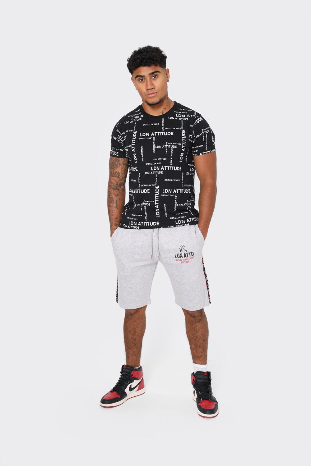 Mens Grey Athletic Shorts with Side Stripe and Bold LDN ATTD Print - London Attitude