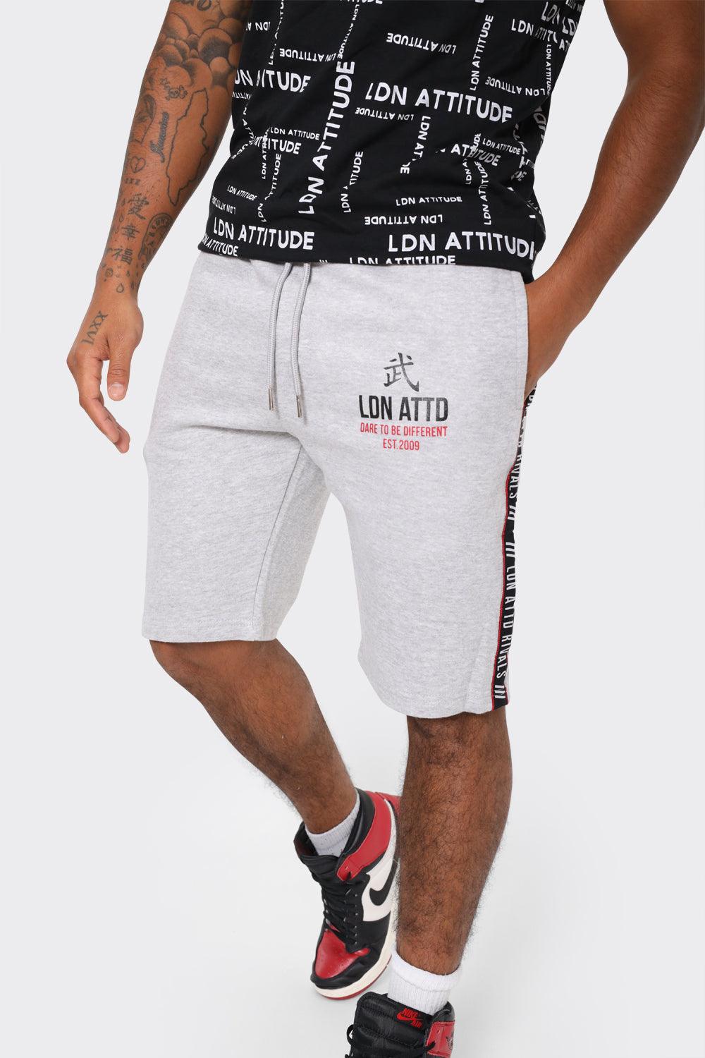 Mens Grey Athletic Shorts with Side Stripe and Bold LDN ATTD Print - London Attitude