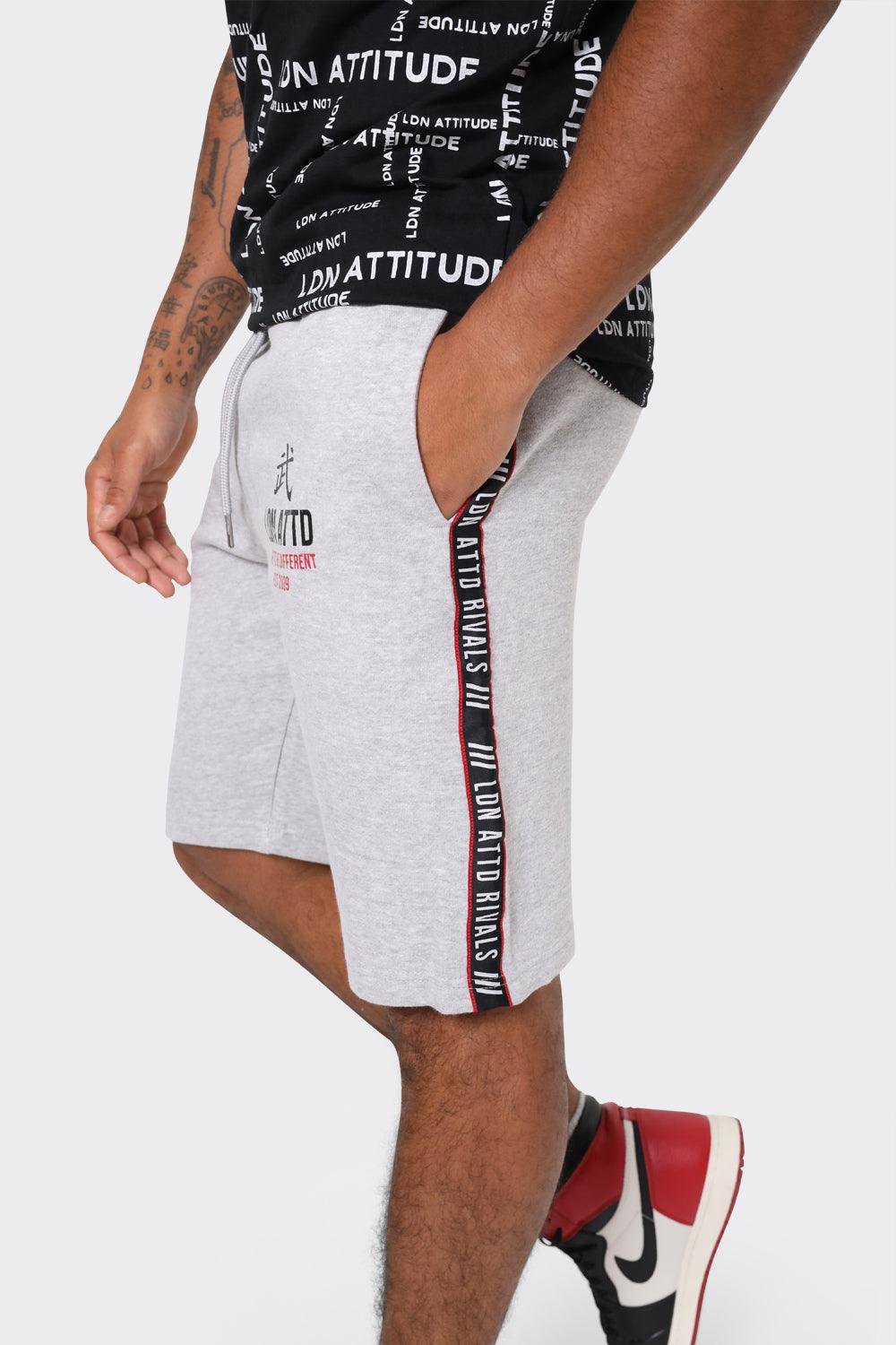 Mens Grey Athletic Shorts with Side Stripe and Bold LDN ATTD Print - London Attitude