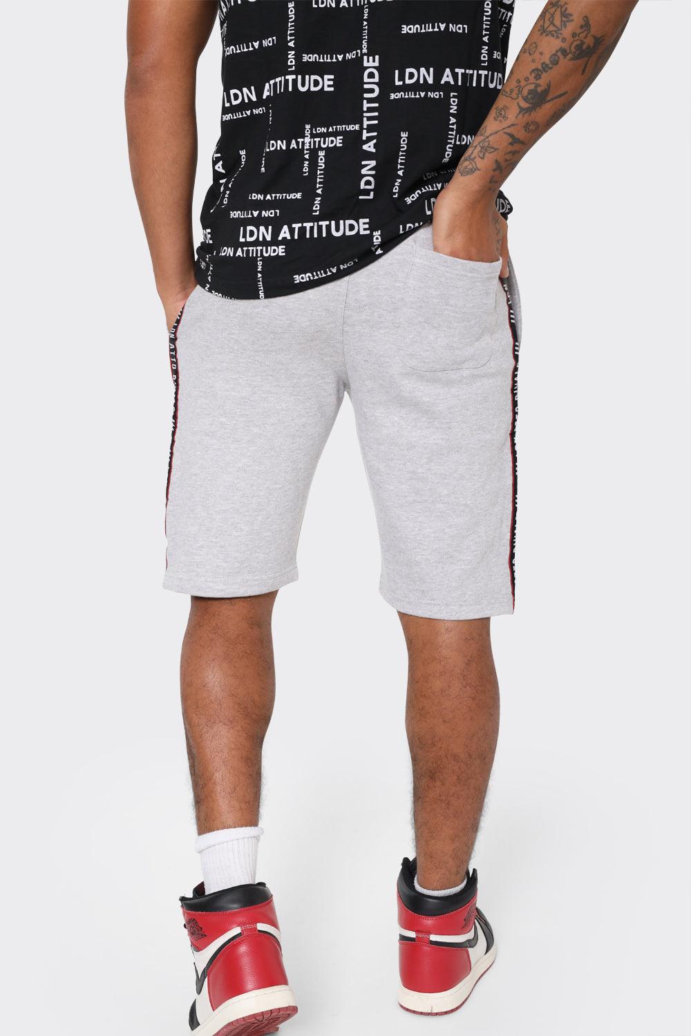 Mens Grey Athletic Shorts with Side Stripe and Bold LDN ATTD Print - London Attitude