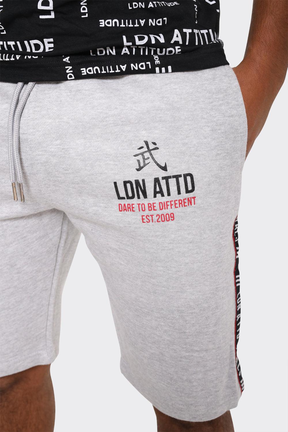 Mens Grey Athletic Shorts with Side Stripe and Bold LDN ATTD Print - London Attitude