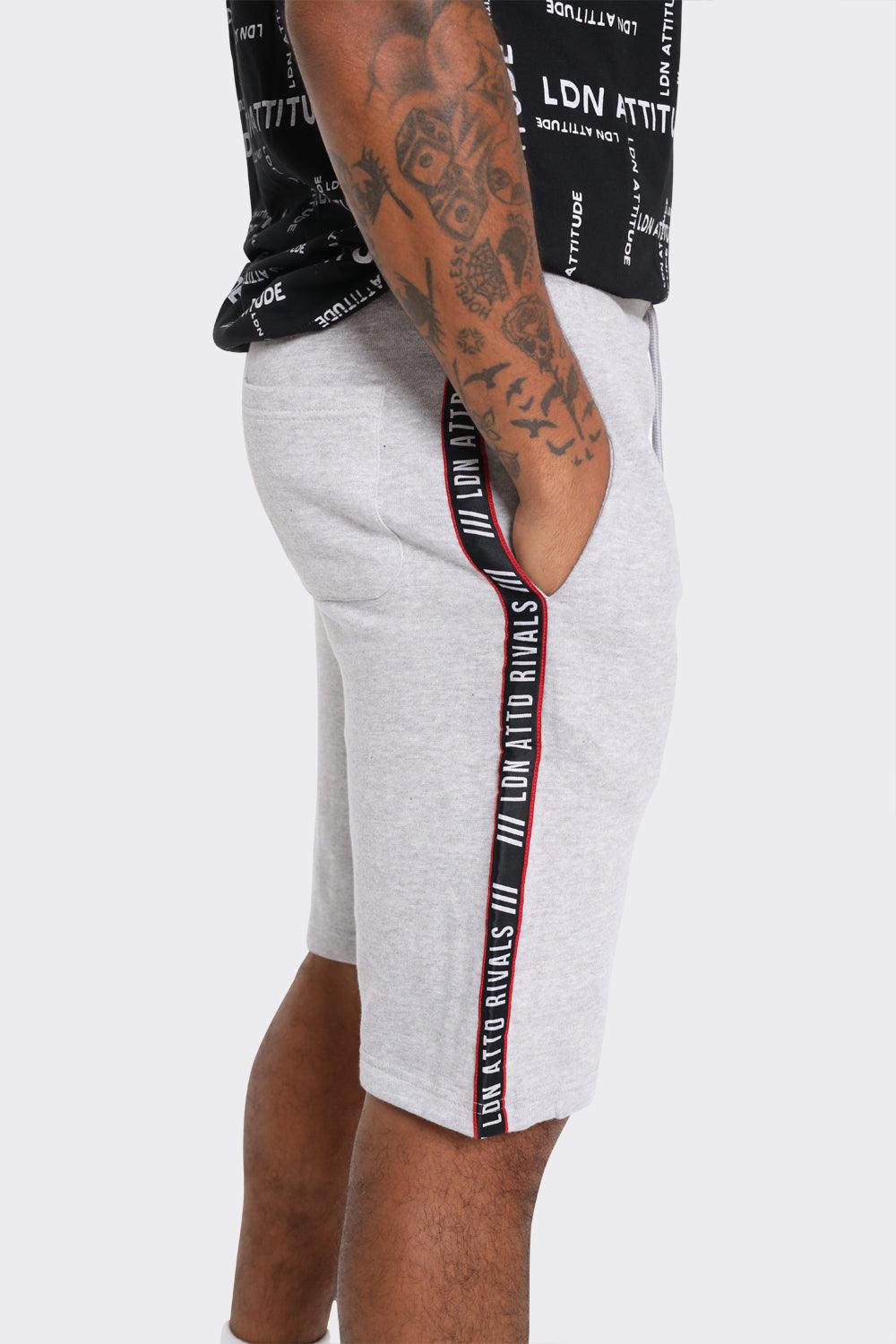 Mens Grey Athletic Shorts with Side Stripe and Bold LDN ATTD Print - London Attitude