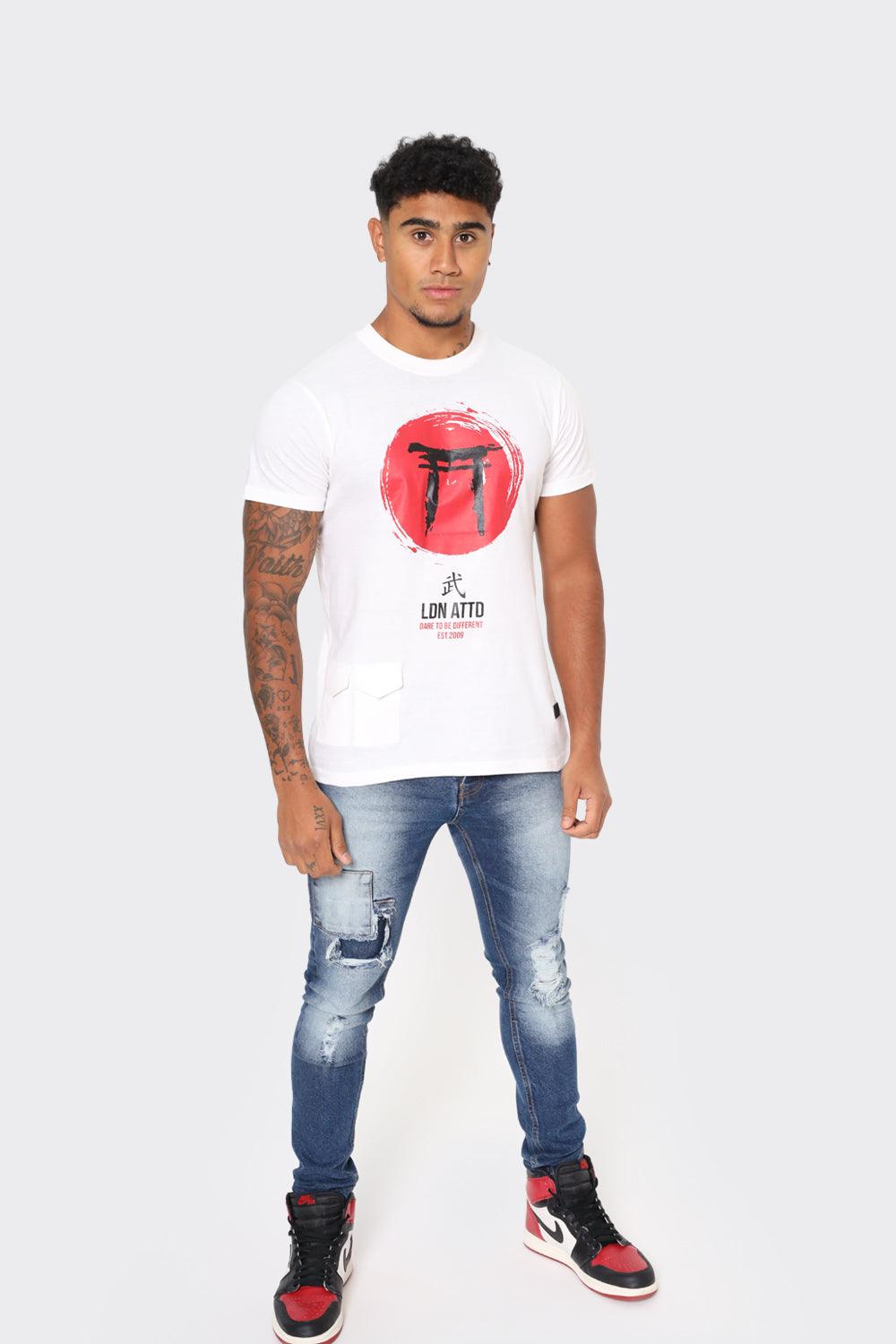 LDN ATTD White T-Shirt with Red Torii Gate Graphic - London Attitude