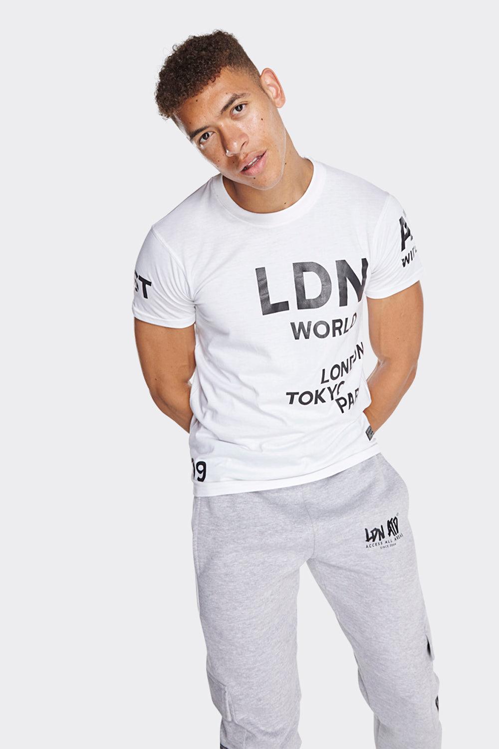 LDN World Wide Men's T-Shirt - White with Bold Black Print - London Attitude