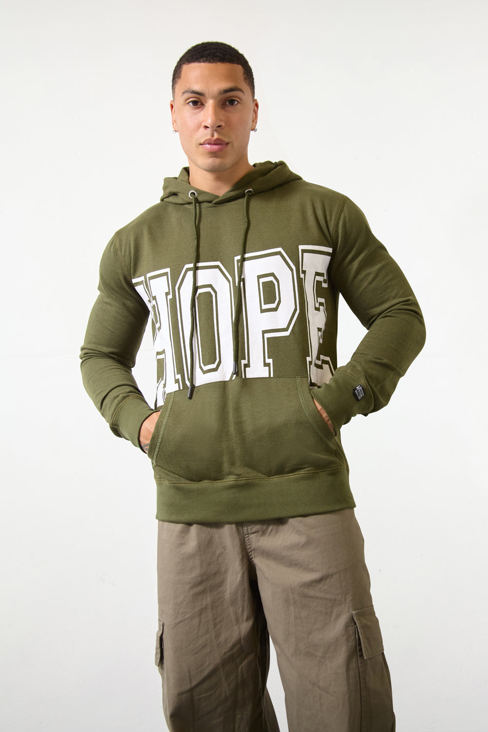 Olive Green “HOPE” Print Regular Fit Hoodie - London Attitude
