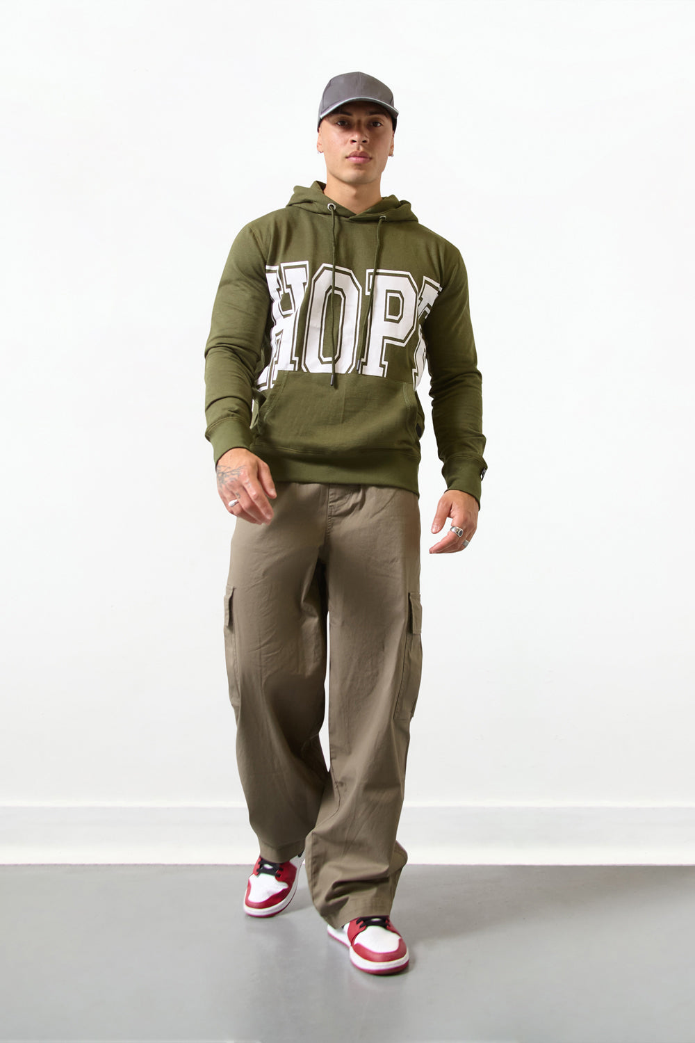 Olive Green “HOPE” Print Regular Fit Hoodie - London Attitude