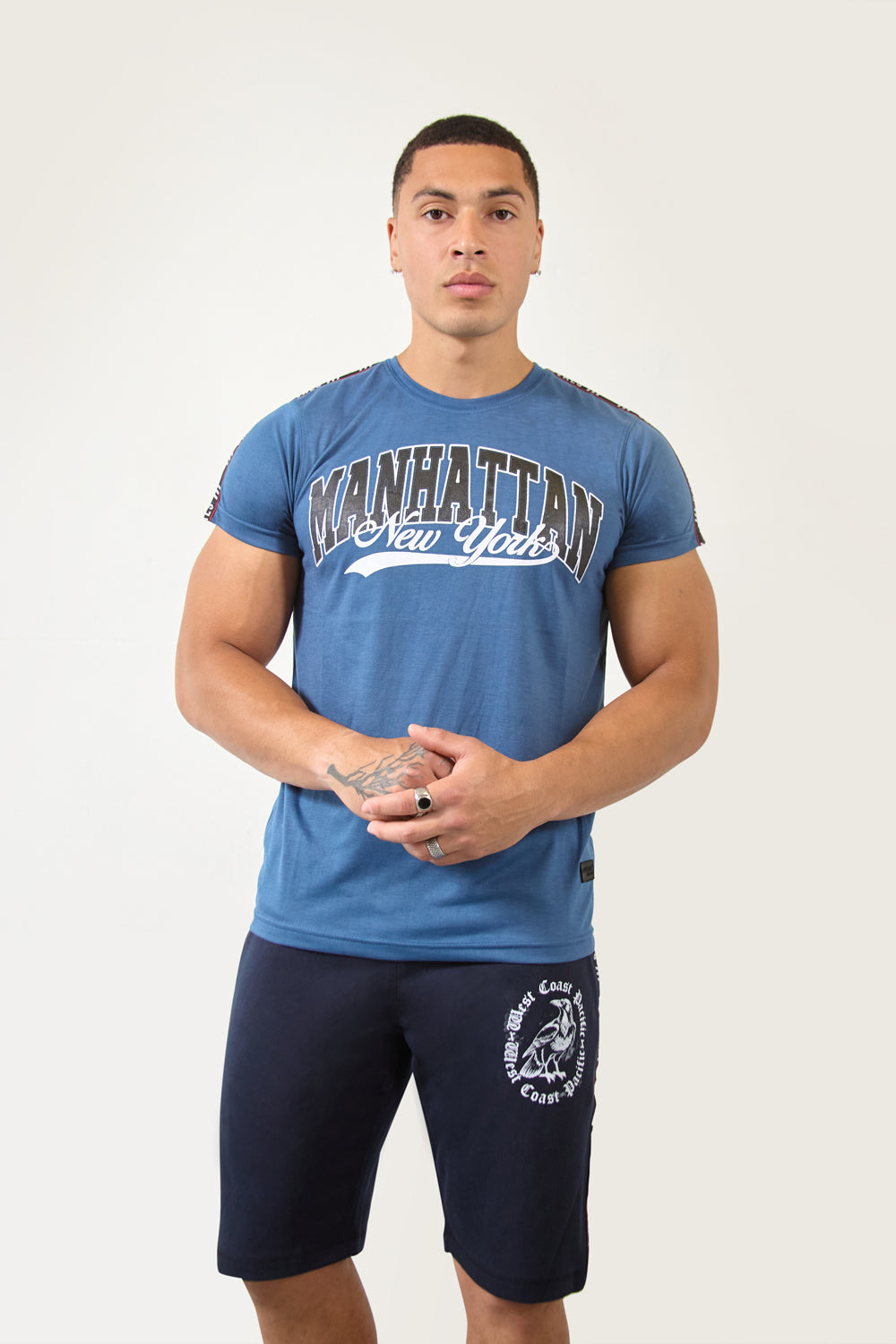 Teal Blue Manhattan Regular Fit T-Shirt with Logo Tape Detailing - London Attitude