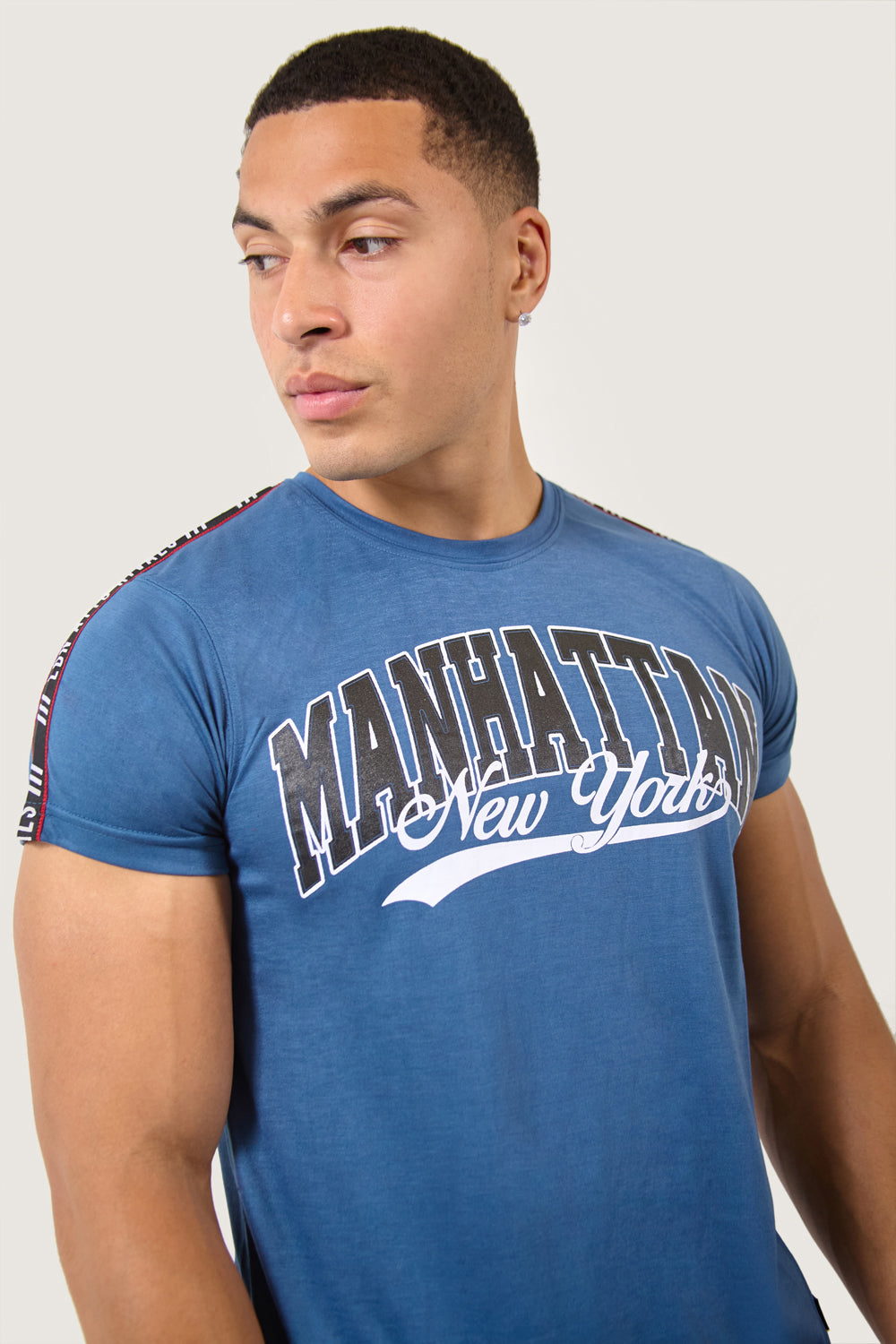 Teal Blue Manhattan Regular Fit T-Shirt with Logo Tape Detailing - London Attitude