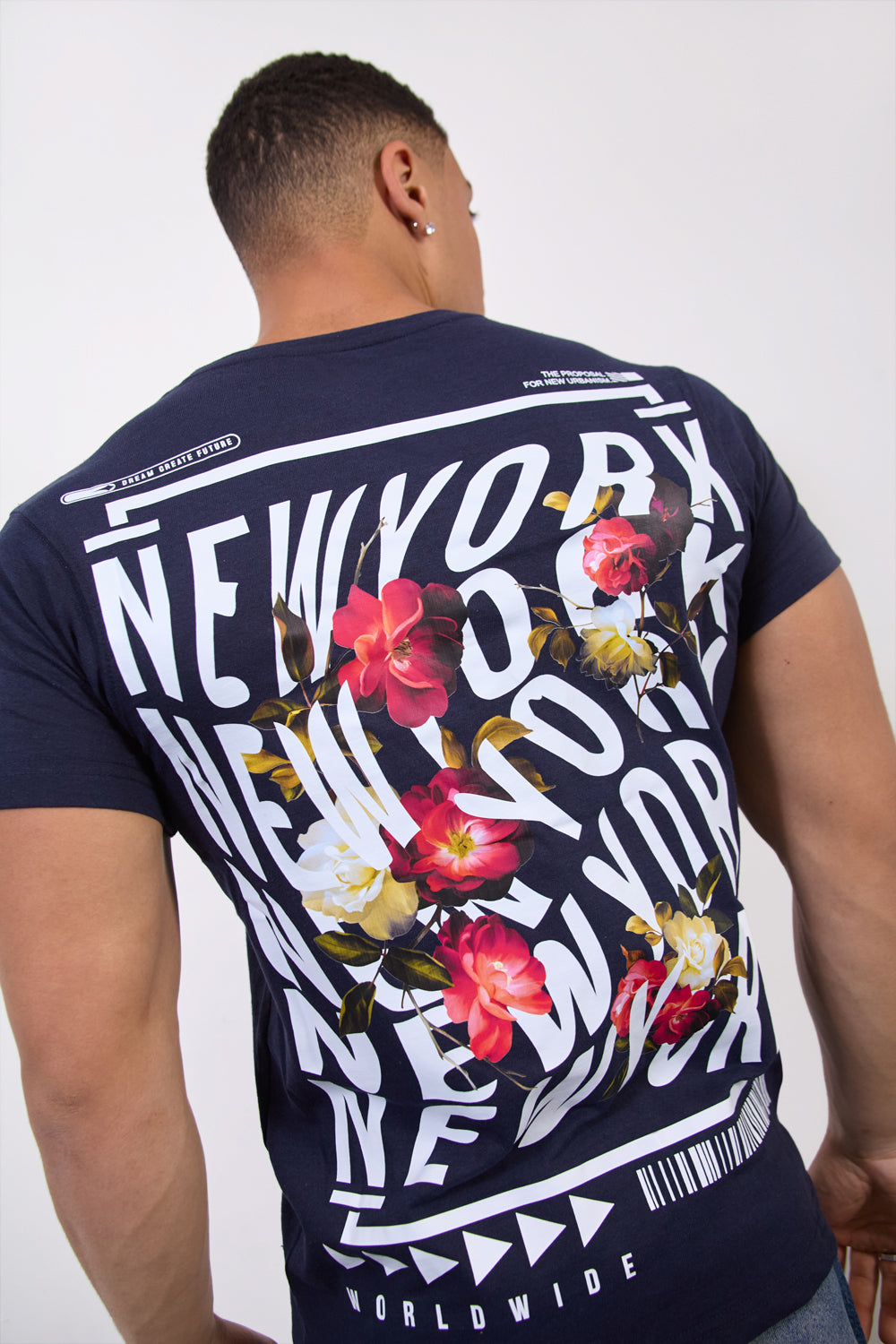 Navy “New York Worldwide” Floral T-Shirt - London Attitude