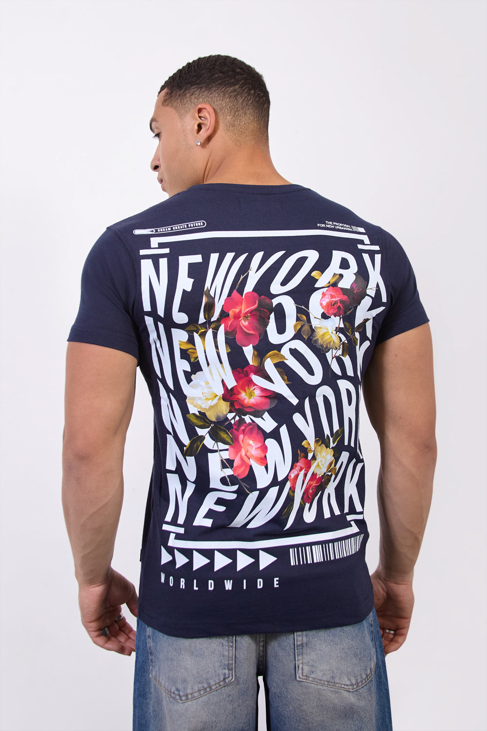 Navy “New York Worldwide” Floral T-Shirt - London Attitude