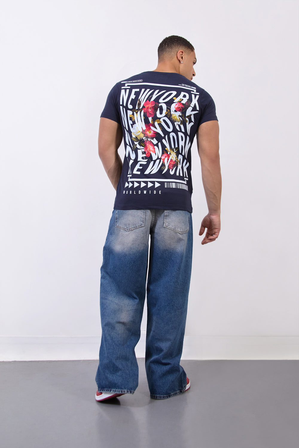 Navy “New York Worldwide” Floral T-Shirt - London Attitude