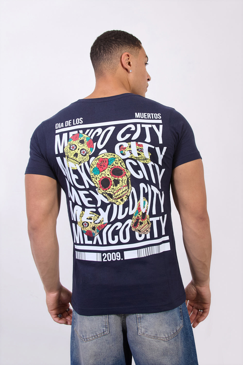 Navy Mexico City Dia De Los Muertos Skull Graphic T-Shirt - London Attitude