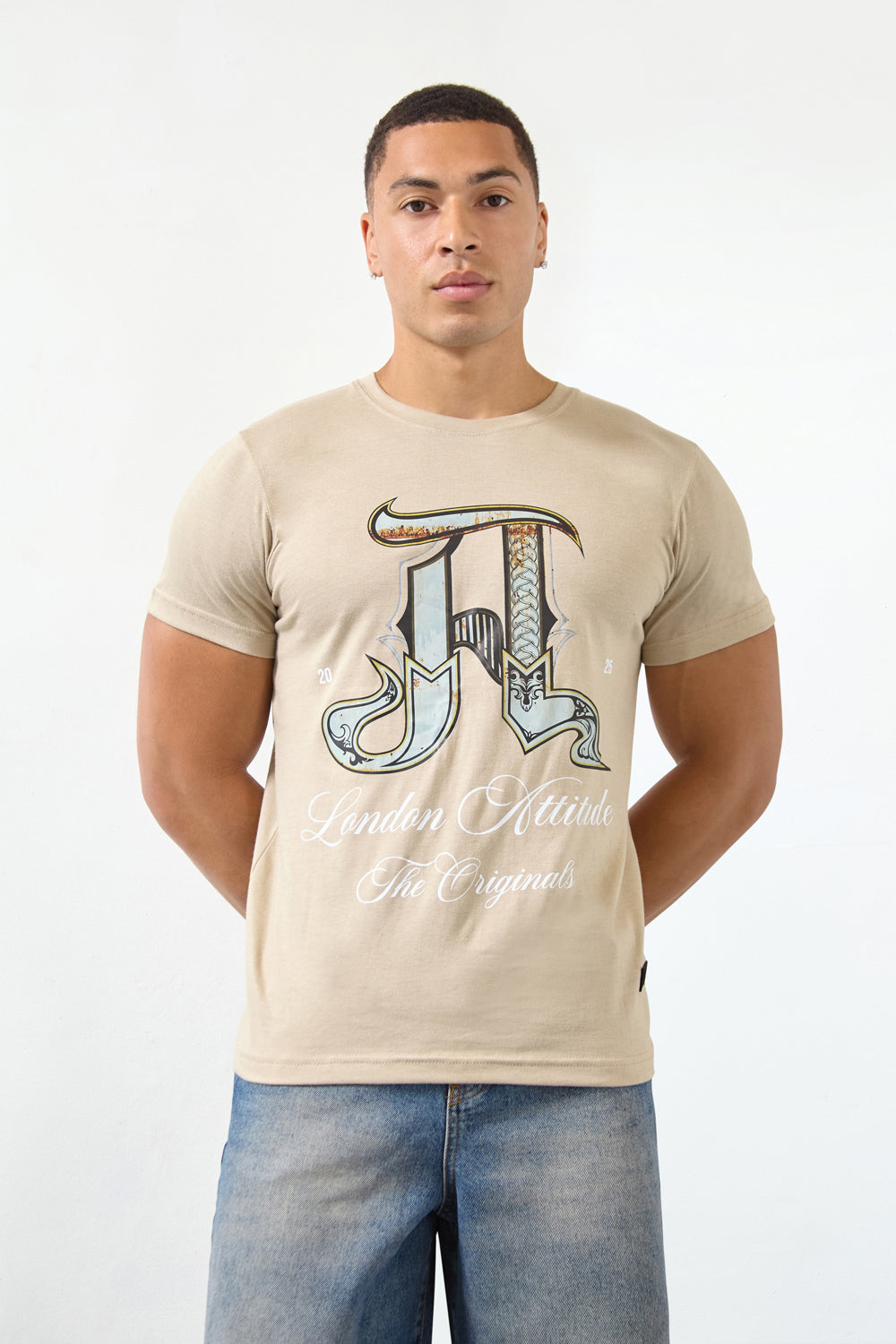 Sand Regular Fit T-Shirt with Ornate “A” Graphic-London Attitude Originals Edition - London Attitude