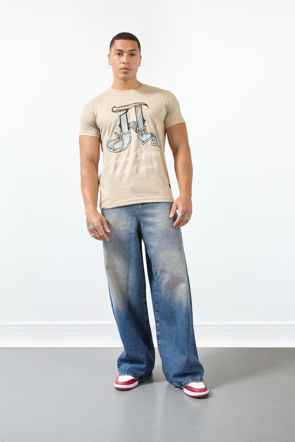 Sand Regular Fit T-Shirt with Ornate “A” Graphic-London Attitude Originals Edition - London Attitude