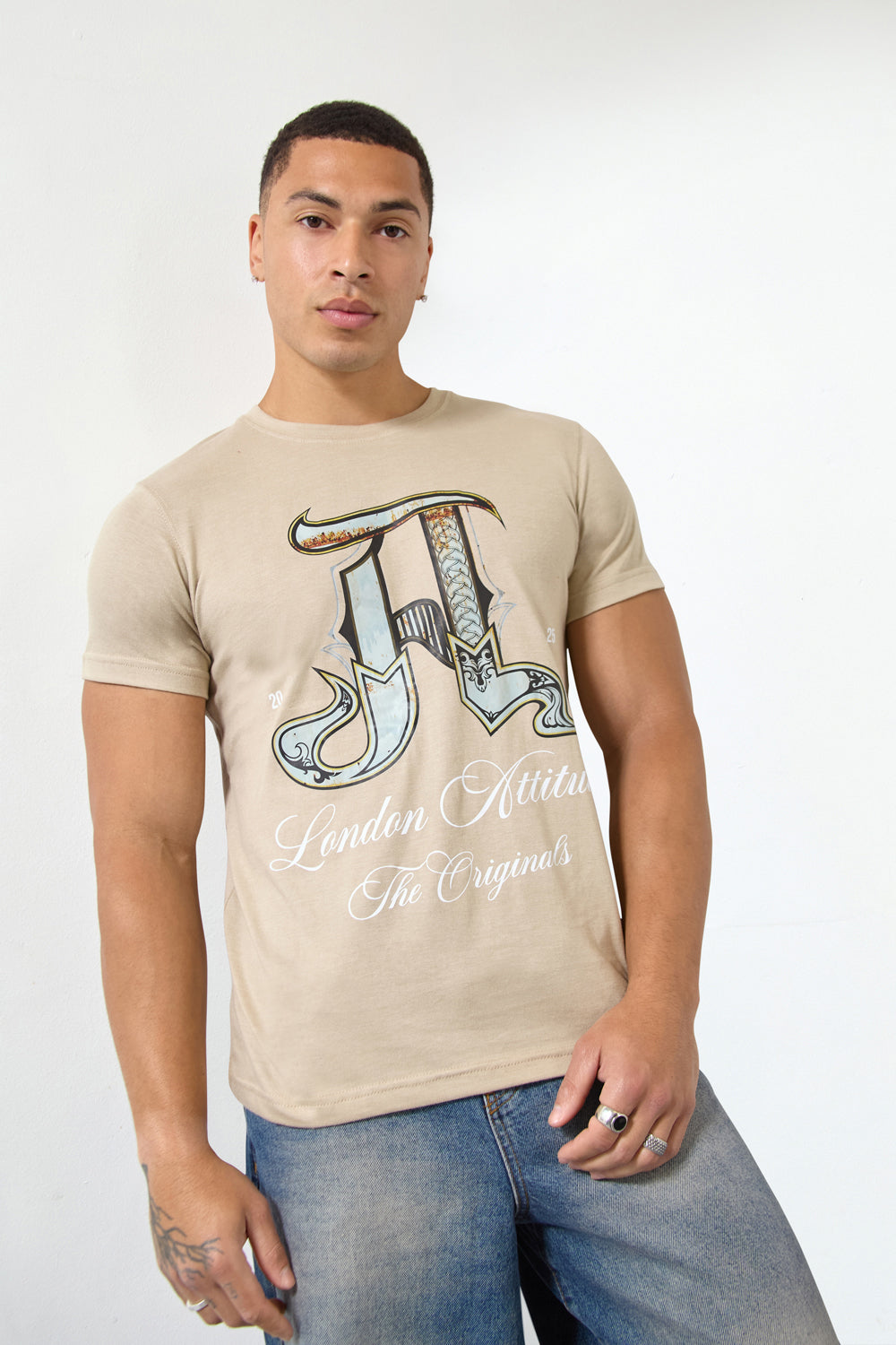 Sand Regular Fit T-Shirt with Ornate “A” Graphic-London Attitude Originals Edition - London Attitude
