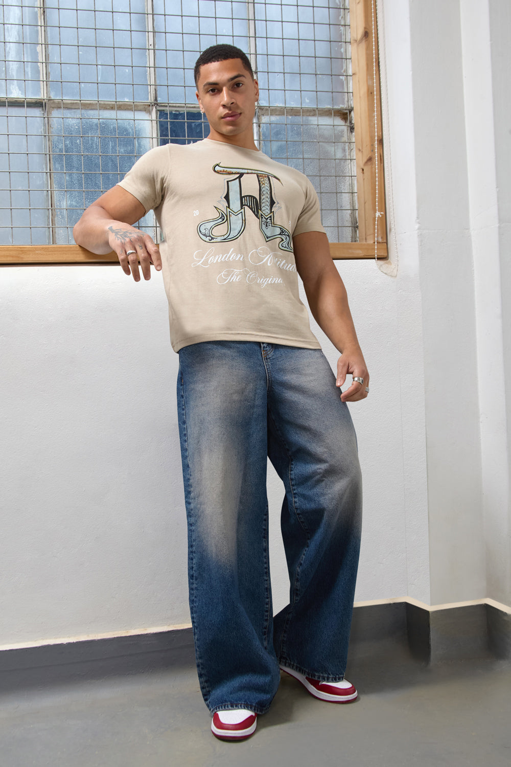 Sand Regular Fit T-Shirt with Ornate “A” Graphic-London Attitude Originals Edition - London Attitude
