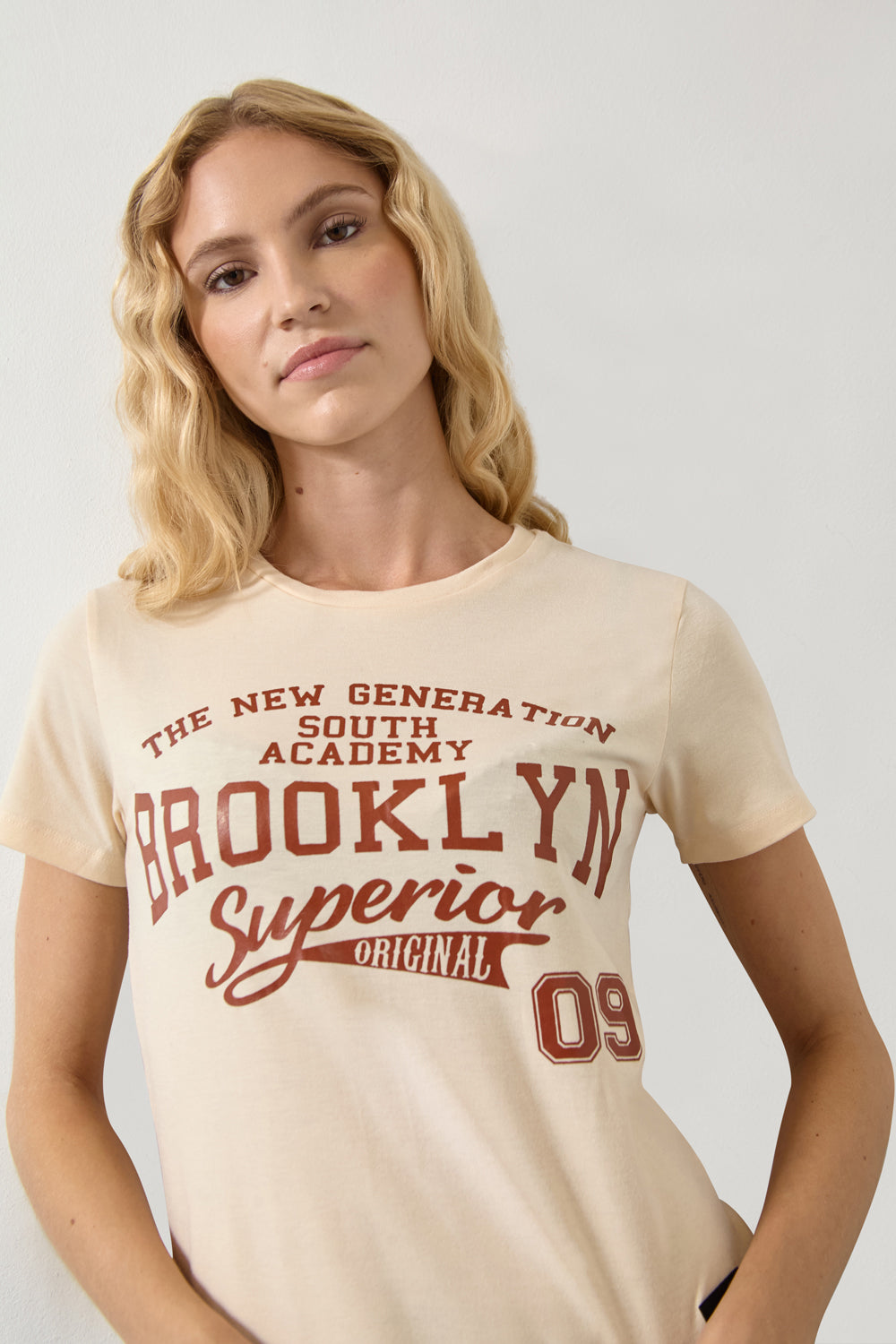 Women’s "Brooklyn Superior" Slogan T-Shirt in Nude