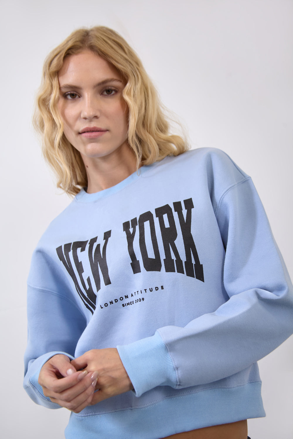 Women's Relaxed Fit New York Printed Sweatshirt Sky Blue - London Attitude