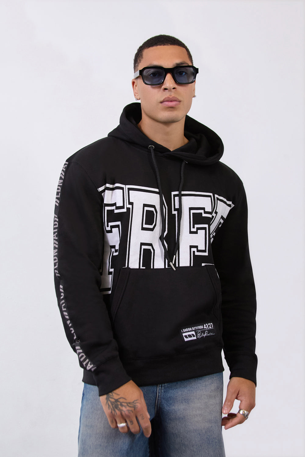 Relax Fit Black Hoodie with Bold FREE Print & Sleeve Branding - London Attitude