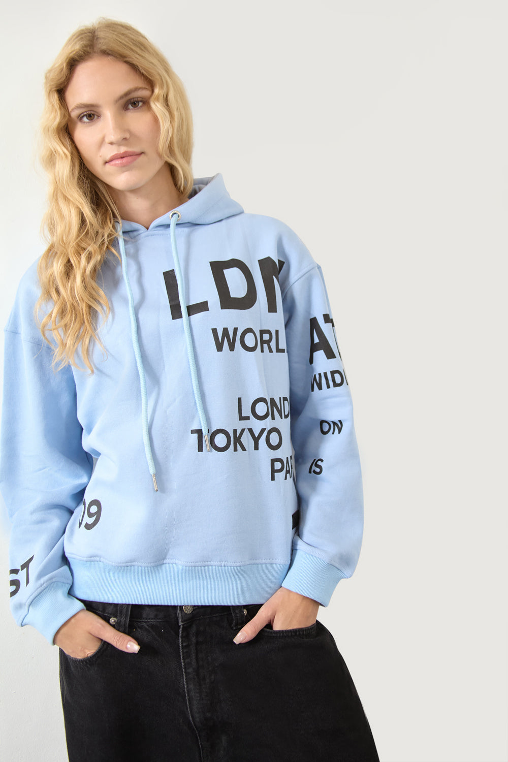Women's Relaxed Fit Printed Hoodie Sky Blue - London Attitude