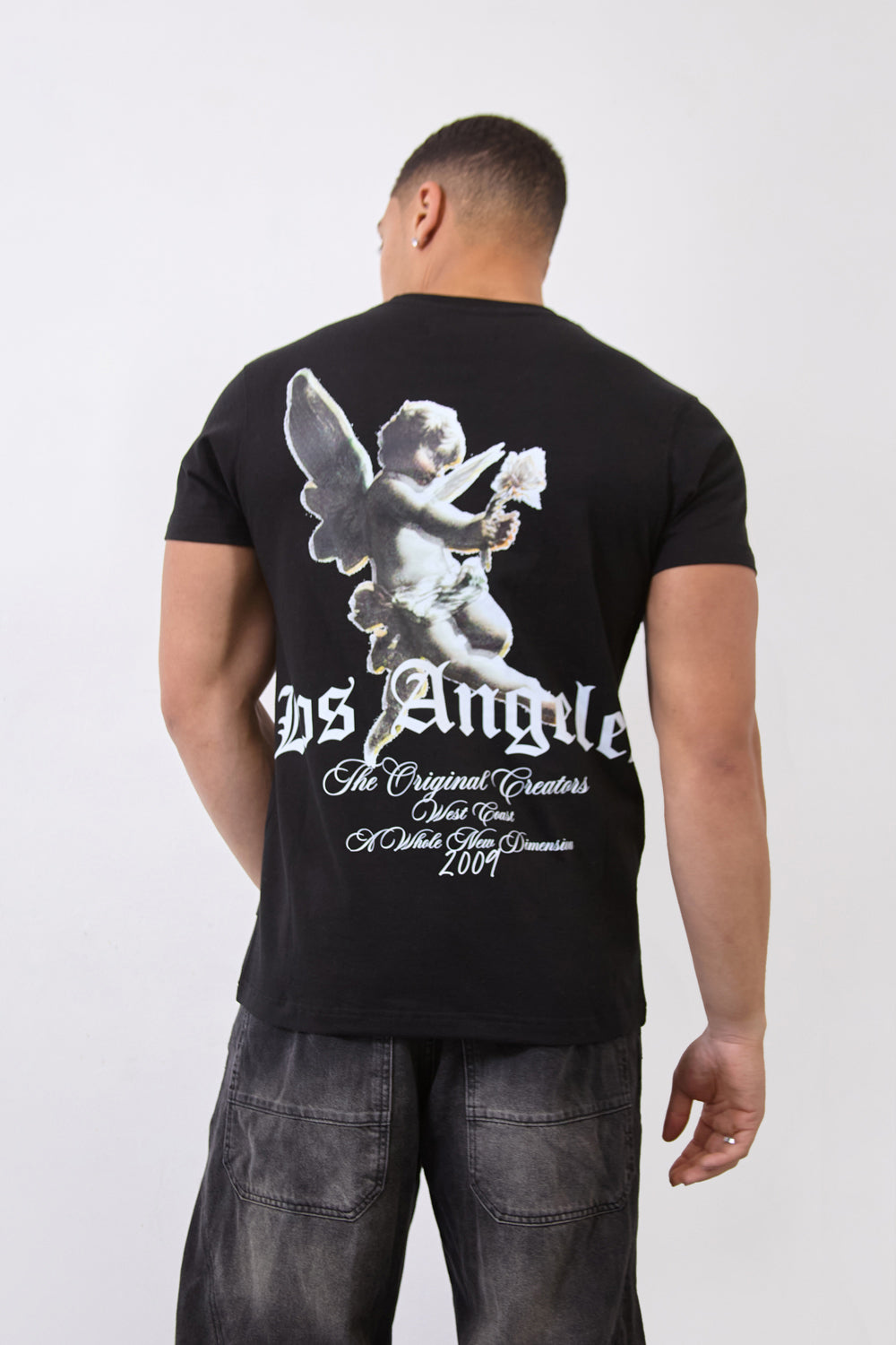 Los Angeles Cherub Graphic Regular Fit T-Shirt in Black - London Attitude