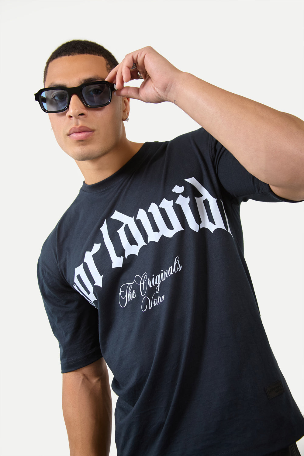 Over Size Worldwide Graphic T-Shirt in Dark Navy - London Attitude