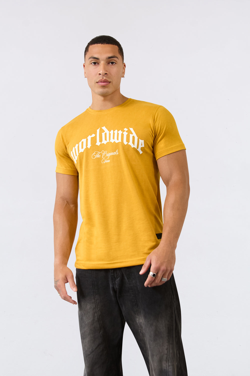 Worldwide Graphic Regular Fit T-Shirt in Mustard - London Attitude