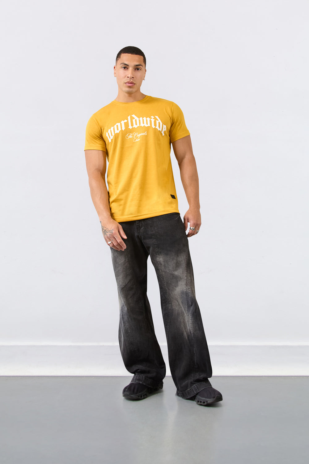 Worldwide Graphic Regular Fit T-Shirt in Mustard - London Attitude