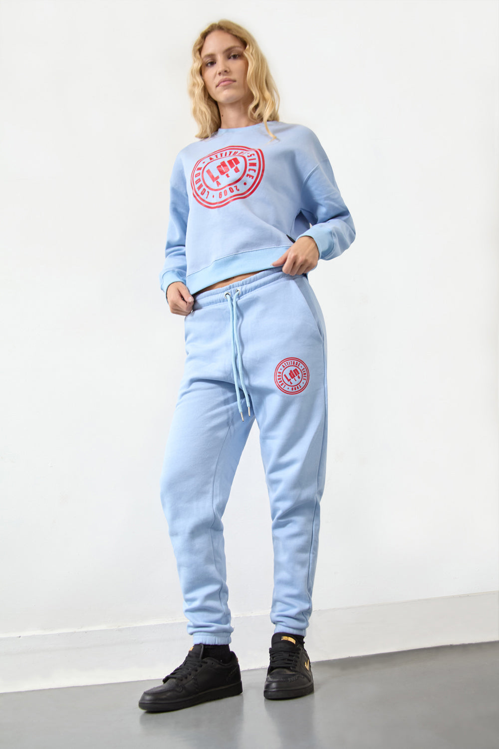 Women's High-Waist Joggers with Logo Print Sky Blue