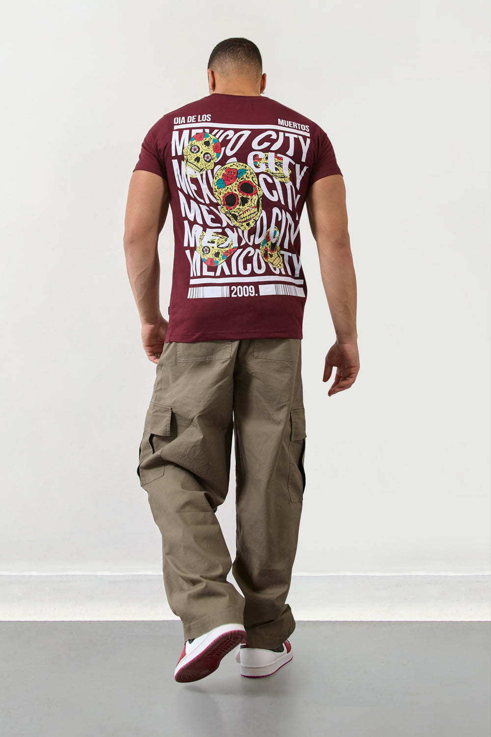 Burgundy Mexico City Dia De Los Muertos Skull Graphic T-Shirt - London Attitude