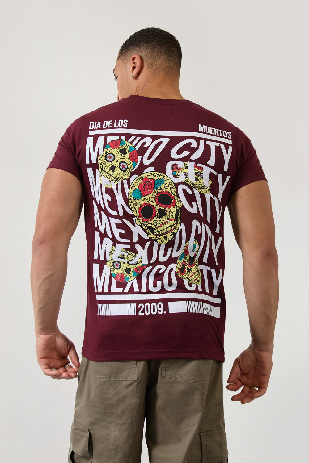 Burgundy Mexico City Dia De Los Muertos Skull Graphic T-Shirt - London Attitude