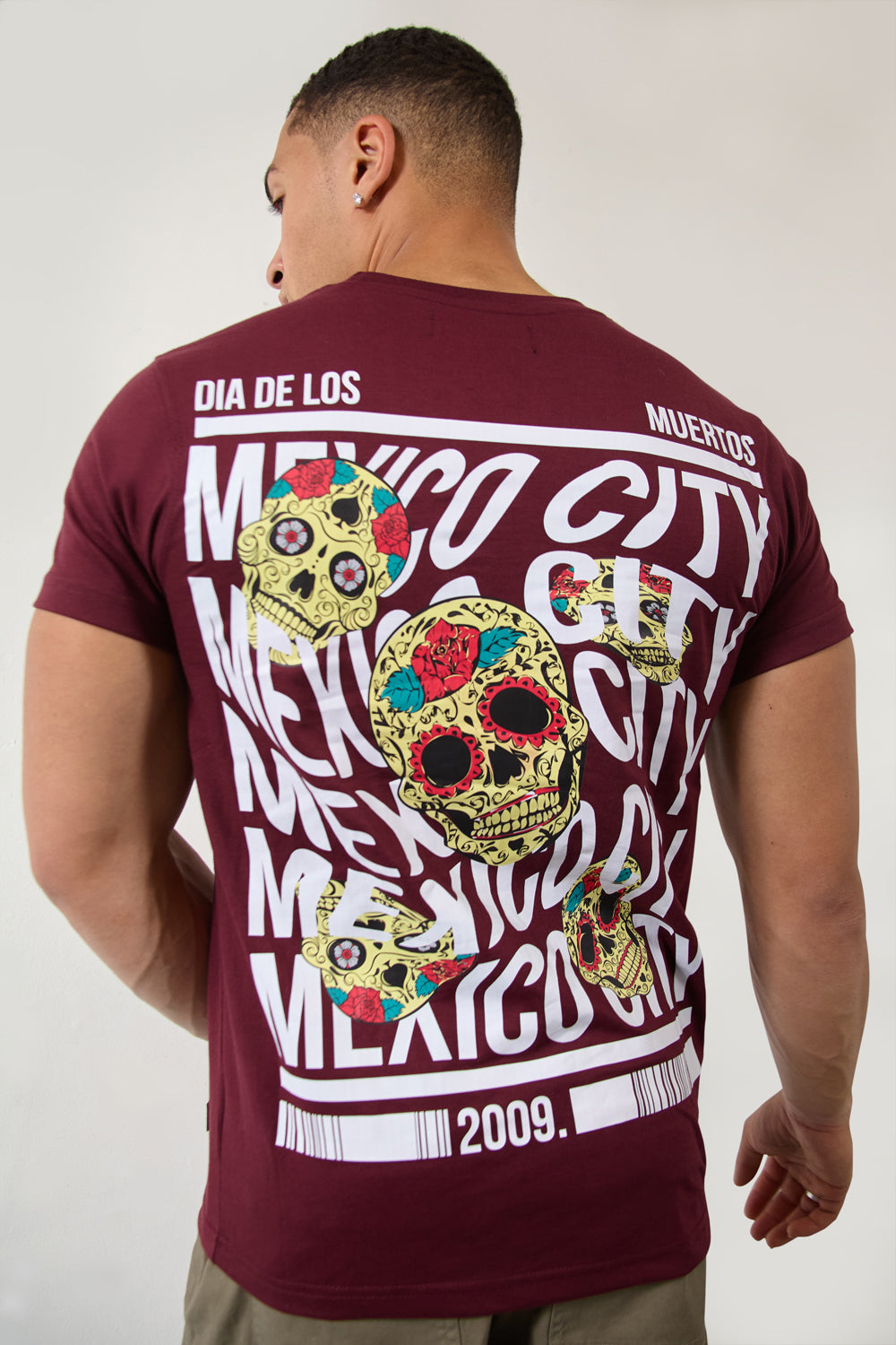 Burgundy Mexico City Dia De Los Muertos Skull Graphic T-Shirt - London Attitude
