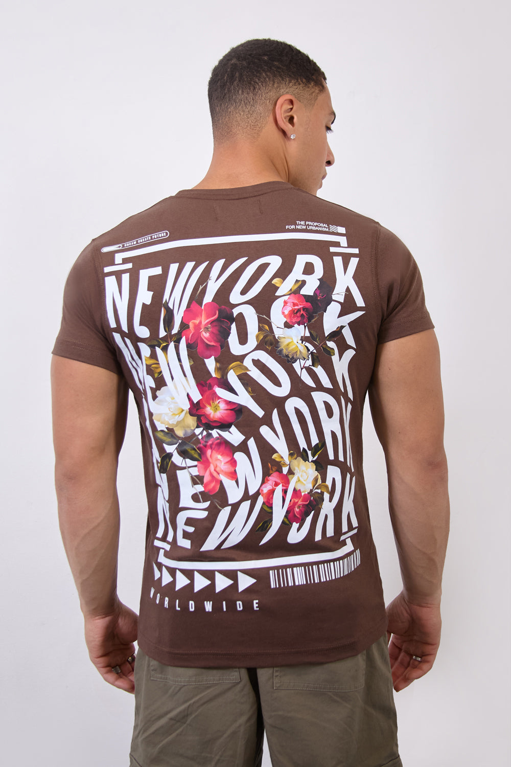 Brown “New York Worldwide” Floral T-Shirt - London Attitude