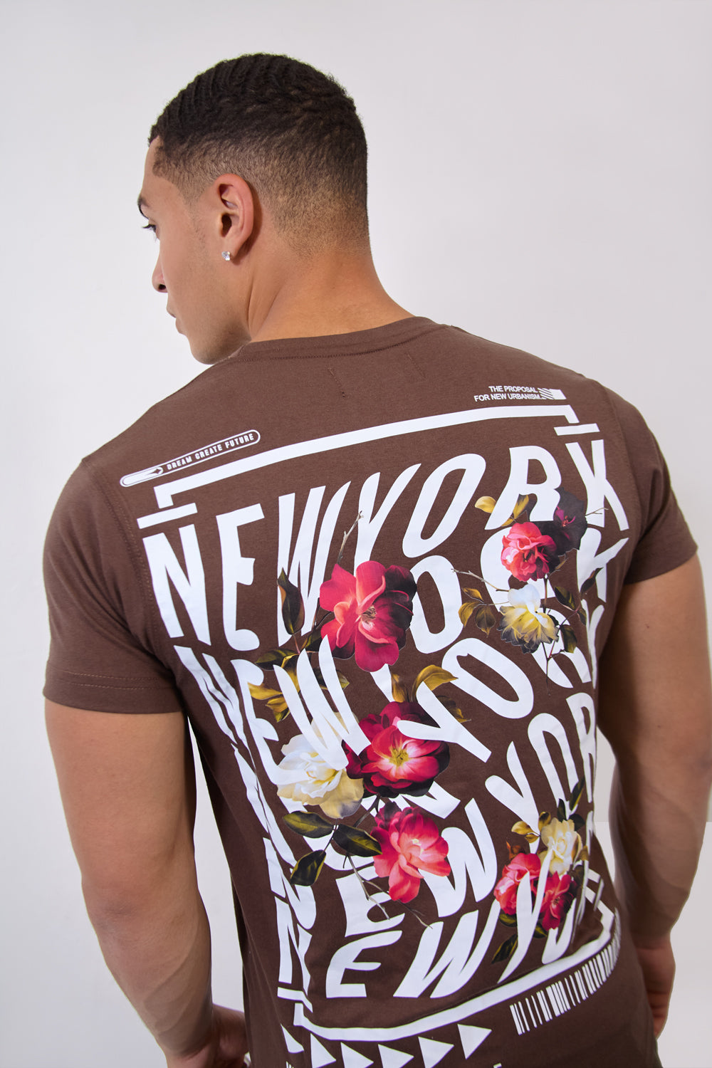 Brown “New York Worldwide” Floral T-Shirt - London Attitude