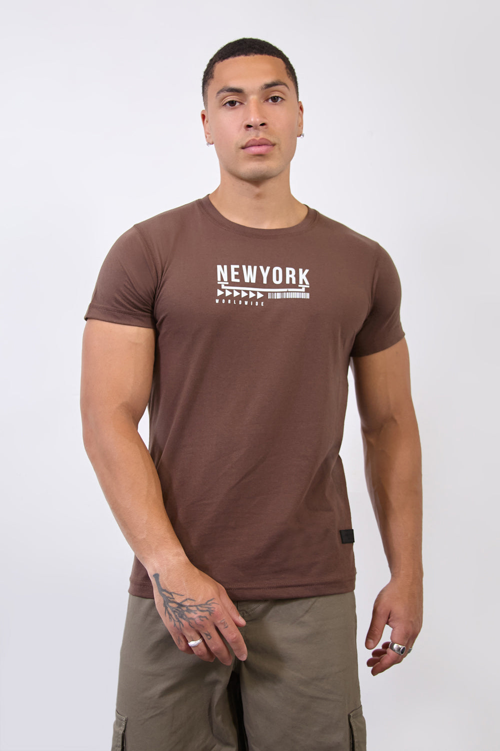 Brown “New York Worldwide” Floral T-Shirt - London Attitude