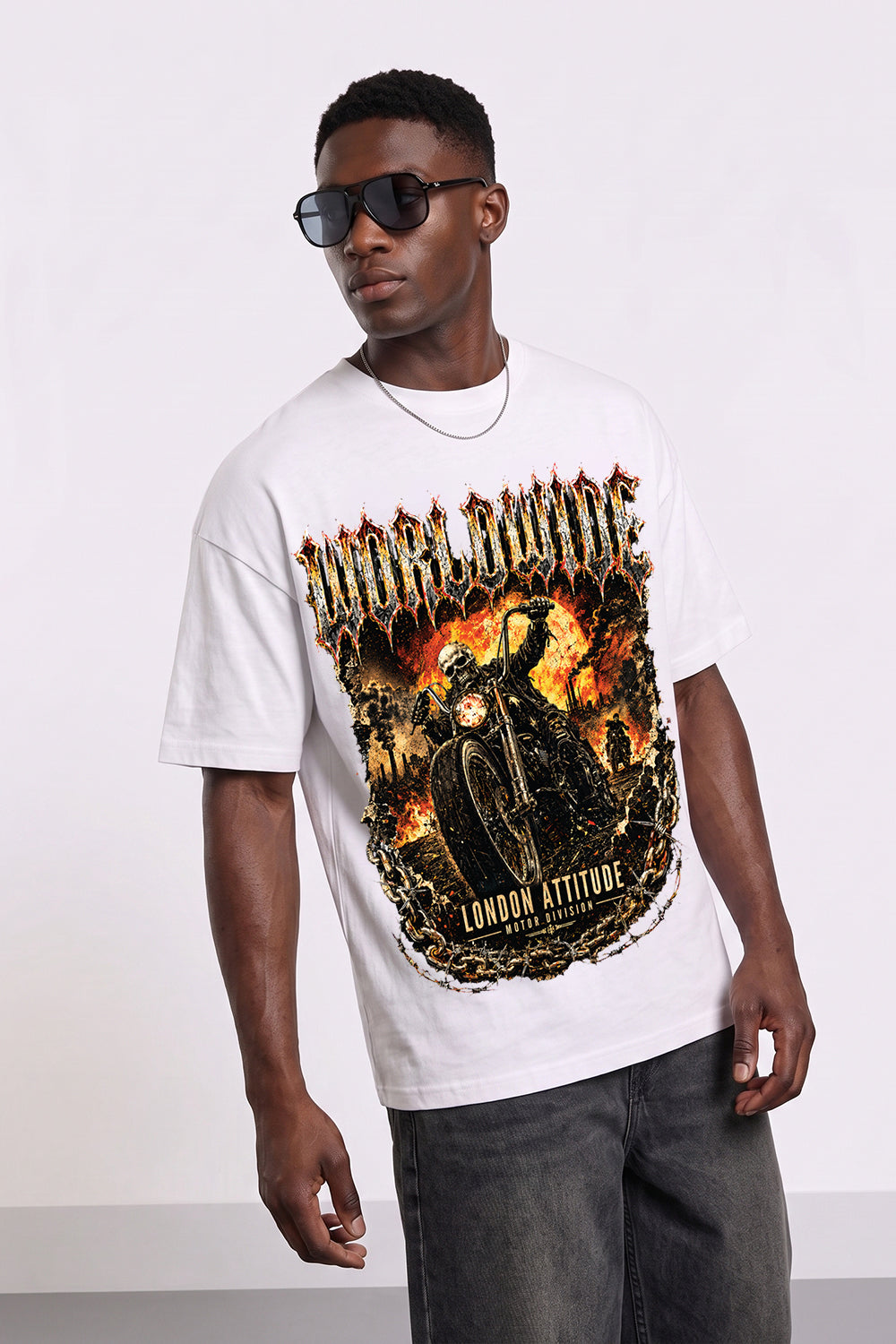 Worldwide Skull Biker Oversized Heavyweight Graphic T-Shirt