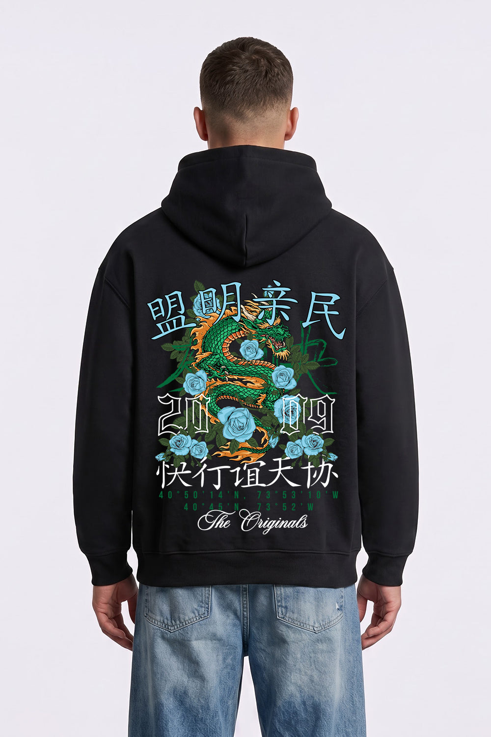 Relaxed Fit Dragon Graphic Hoodie in Black