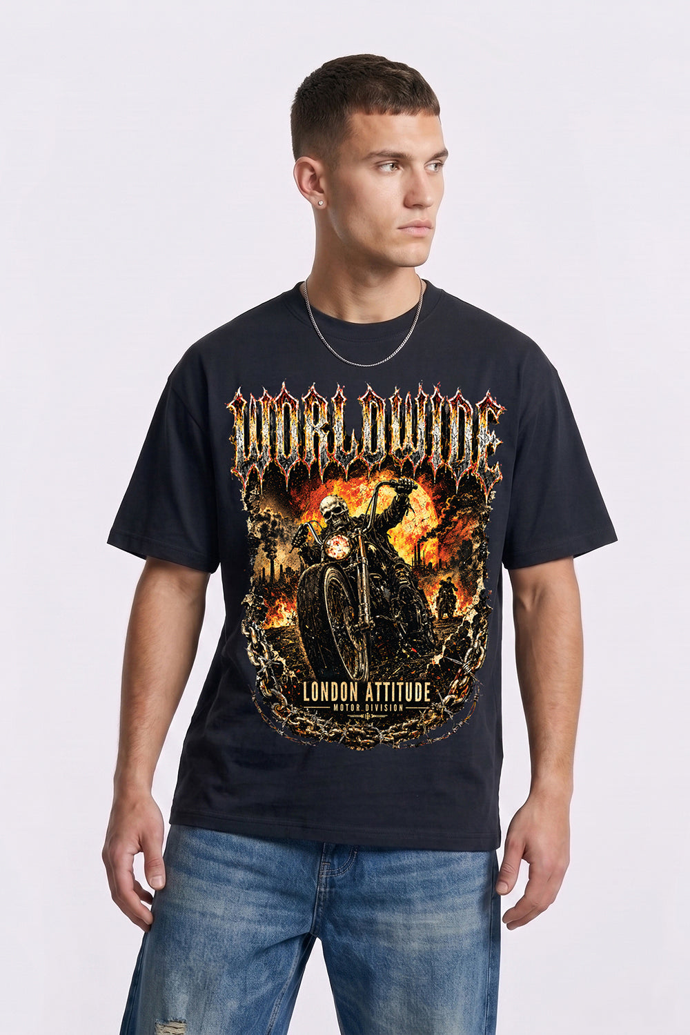 Worldwide Skull Biker Oversized Heavyweight Graphic T-Shirt