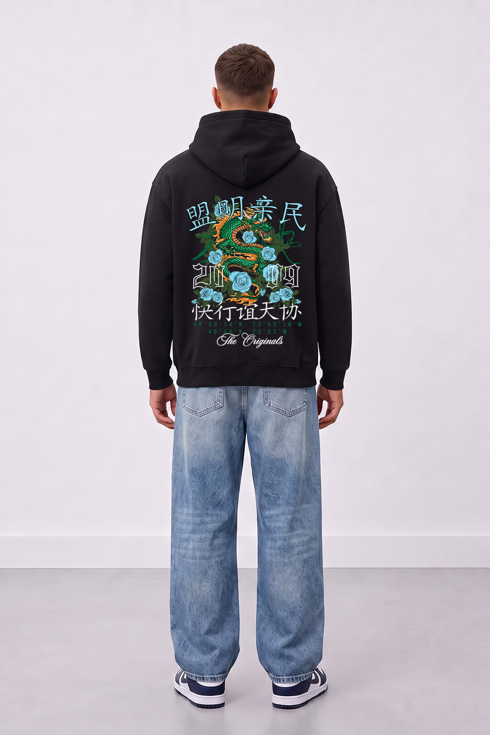 Relaxed Fit Dragon Graphic Hoodie in Black