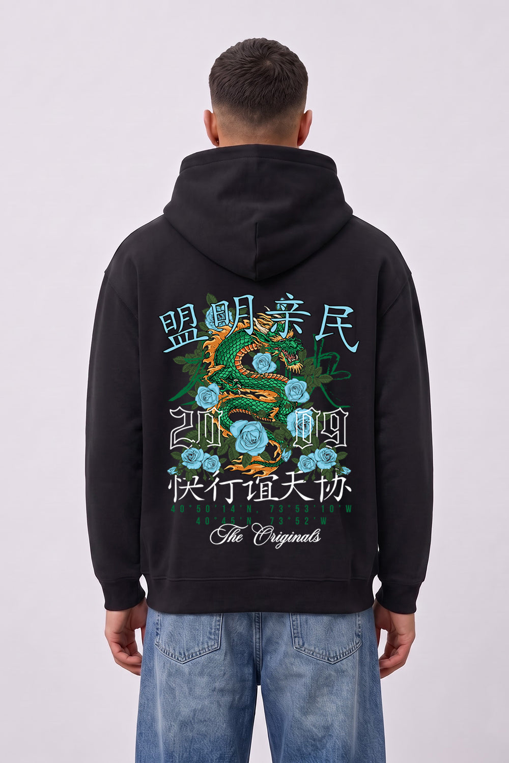 Relaxed Fit Dragon Graphic Hoodie in Black