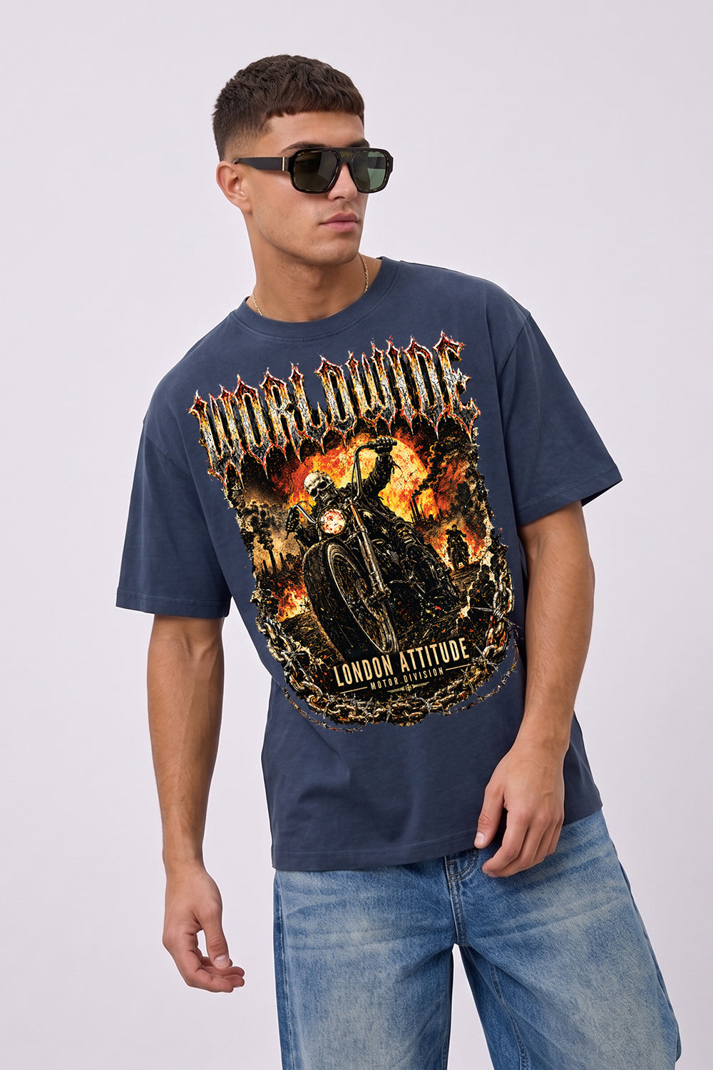 Worldwide Skull Biker Oversized Heavyweight Graphic T-Shirt