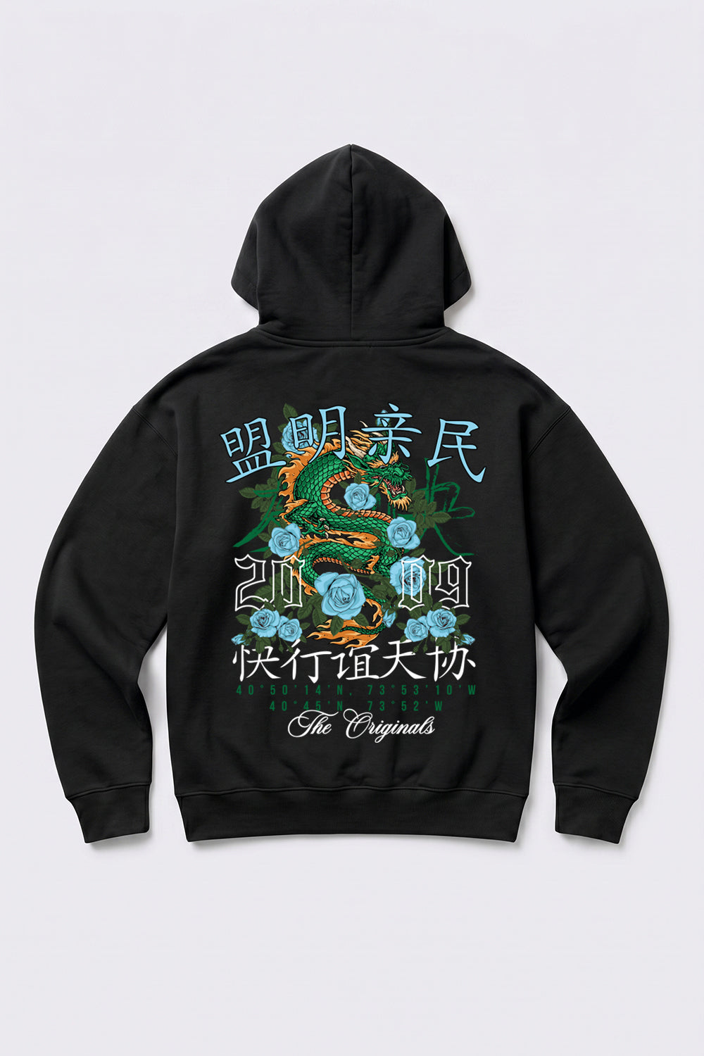 Relaxed Fit Dragon Graphic Hoodie in Black
