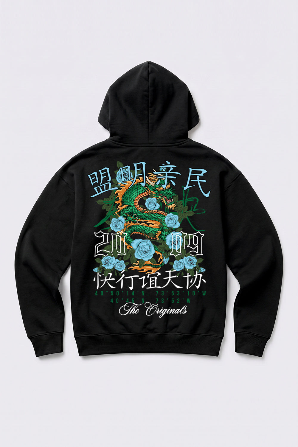 Relaxed Fit Dragon Graphic Hoodie in Black