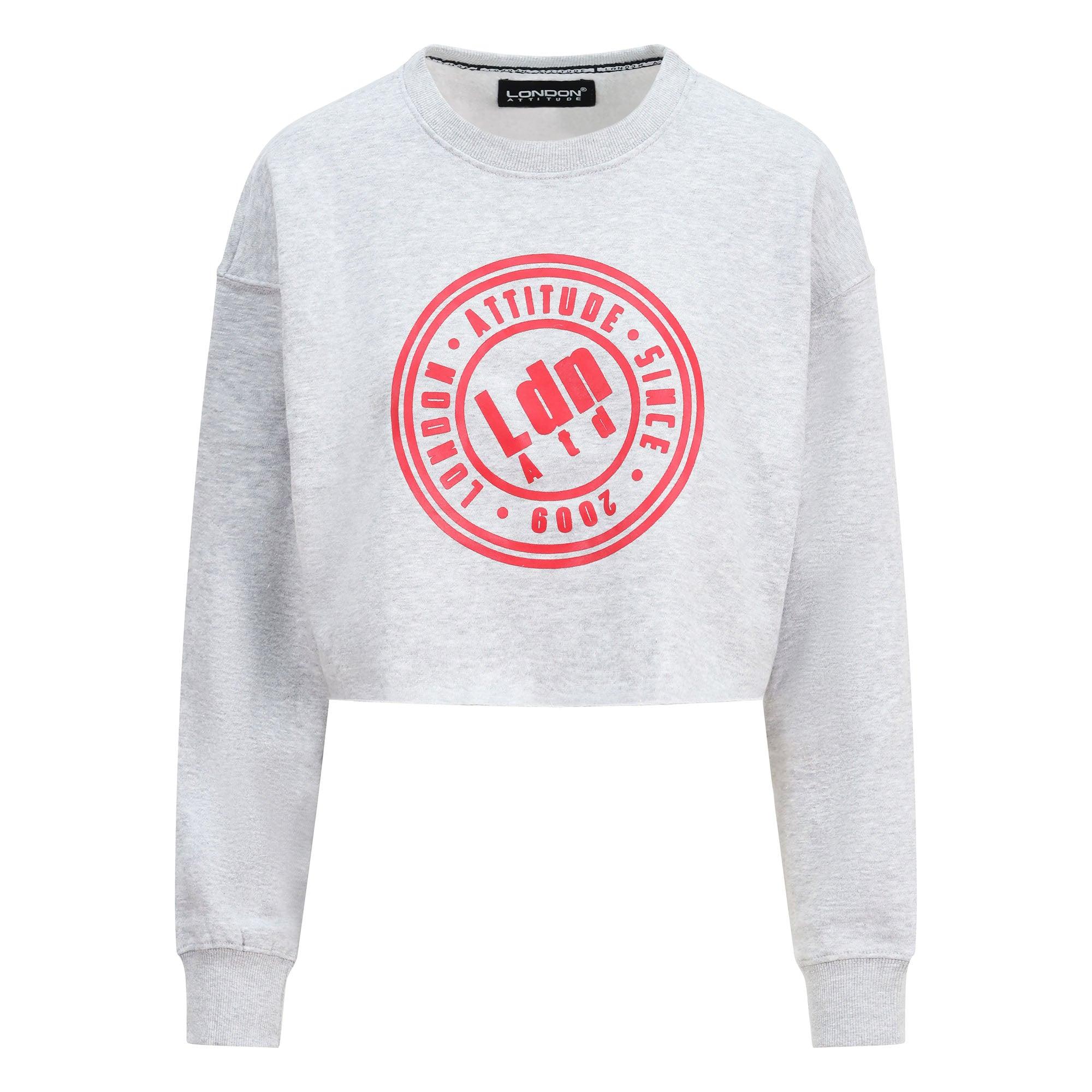 Women's Relaxed Fit  Logo Printed Cropped Sweatshirt Grey - London Attitude