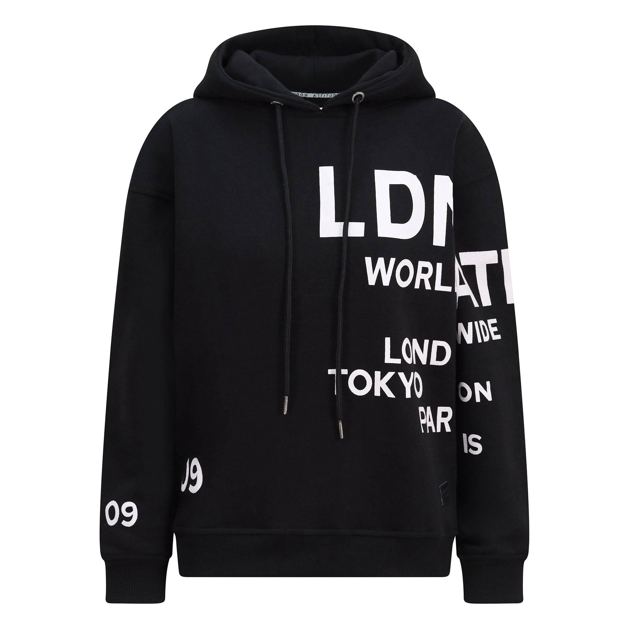 Women's Relaxed Fit Printed Hoodie Black - London Attitude