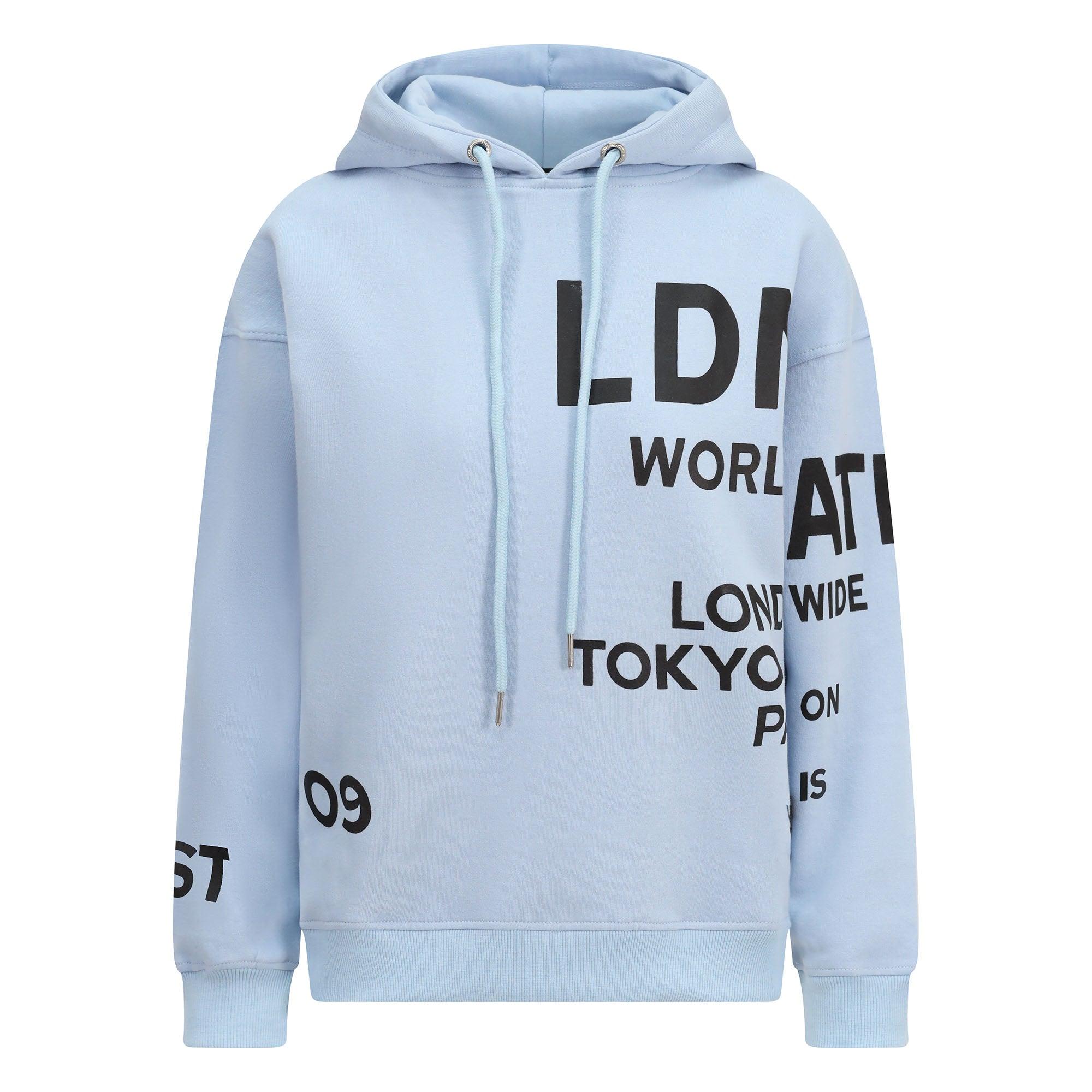 Women's Relaxed Fit Printed Hoodie Sky Blue - London Attitude