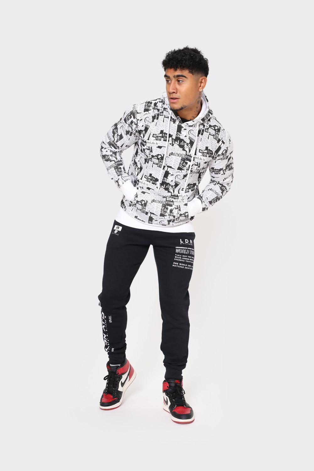 London Attitude Men's Black and White All-Over Graphic Print Hoodie - London Attitude