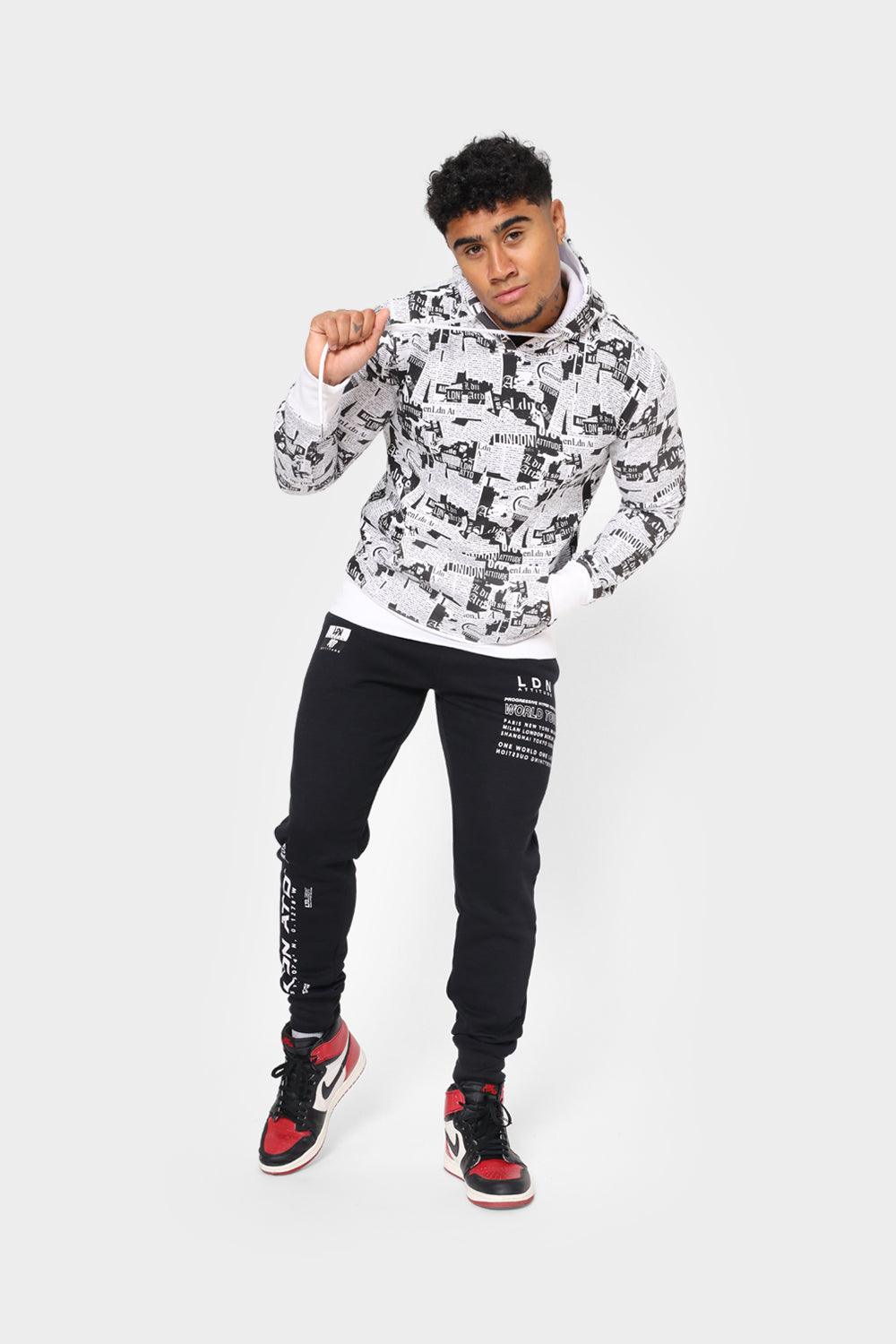 London Attitude Men's Black and White All-Over Graphic Print Hoodie - London Attitude
