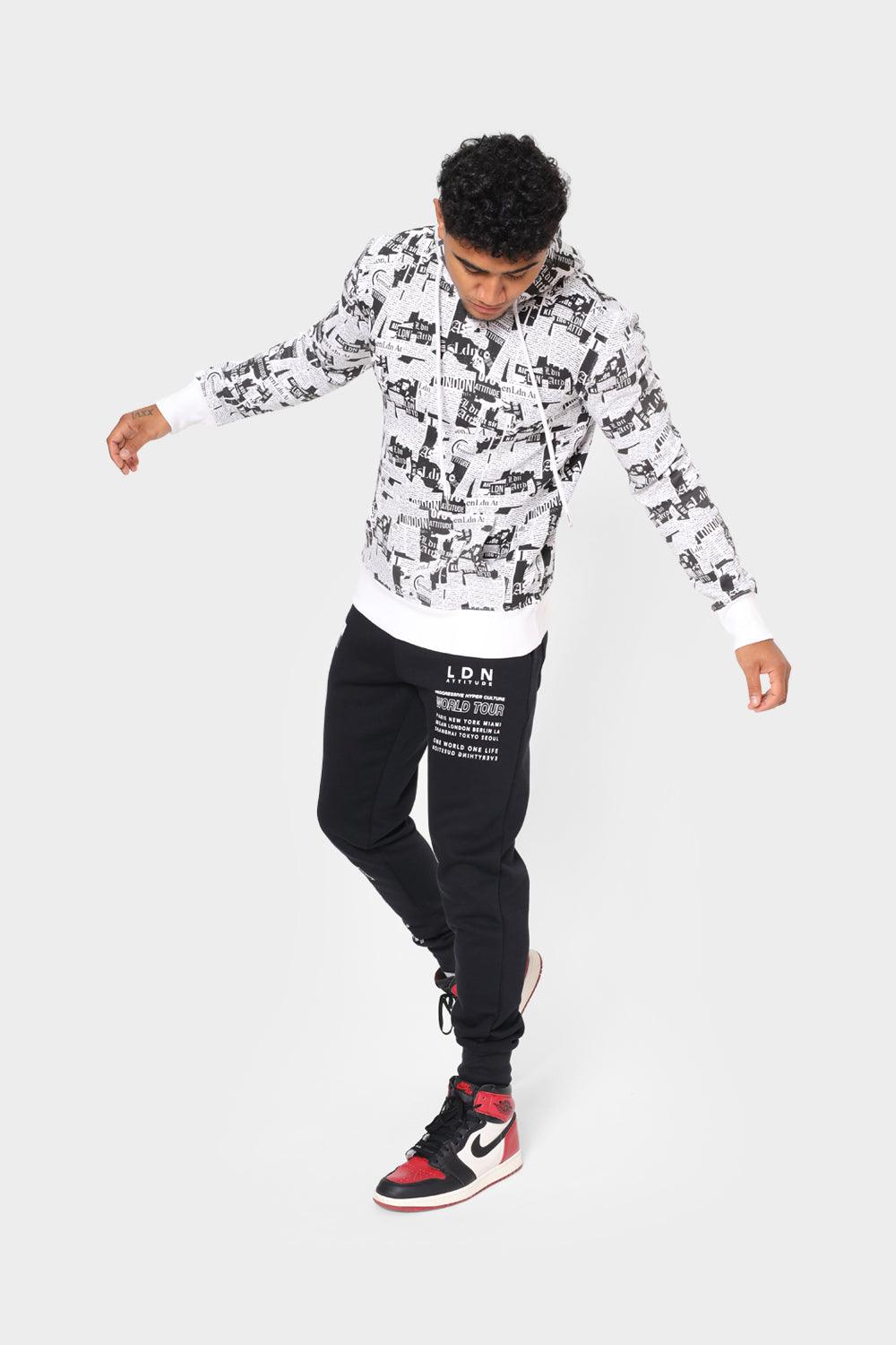 London Attitude Men's Black and White All-Over Graphic Print Hoodie - London Attitude