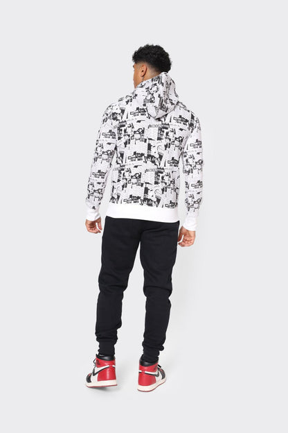 London Attitude Men's Black and White All-Over Graphic Print Hoodie - London Attitude